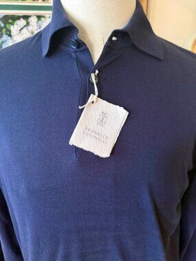 Mens Brunello Cucinelli Cotton LS Polo Shirt NEW w/Hanger Navy EU 50- RT $1250